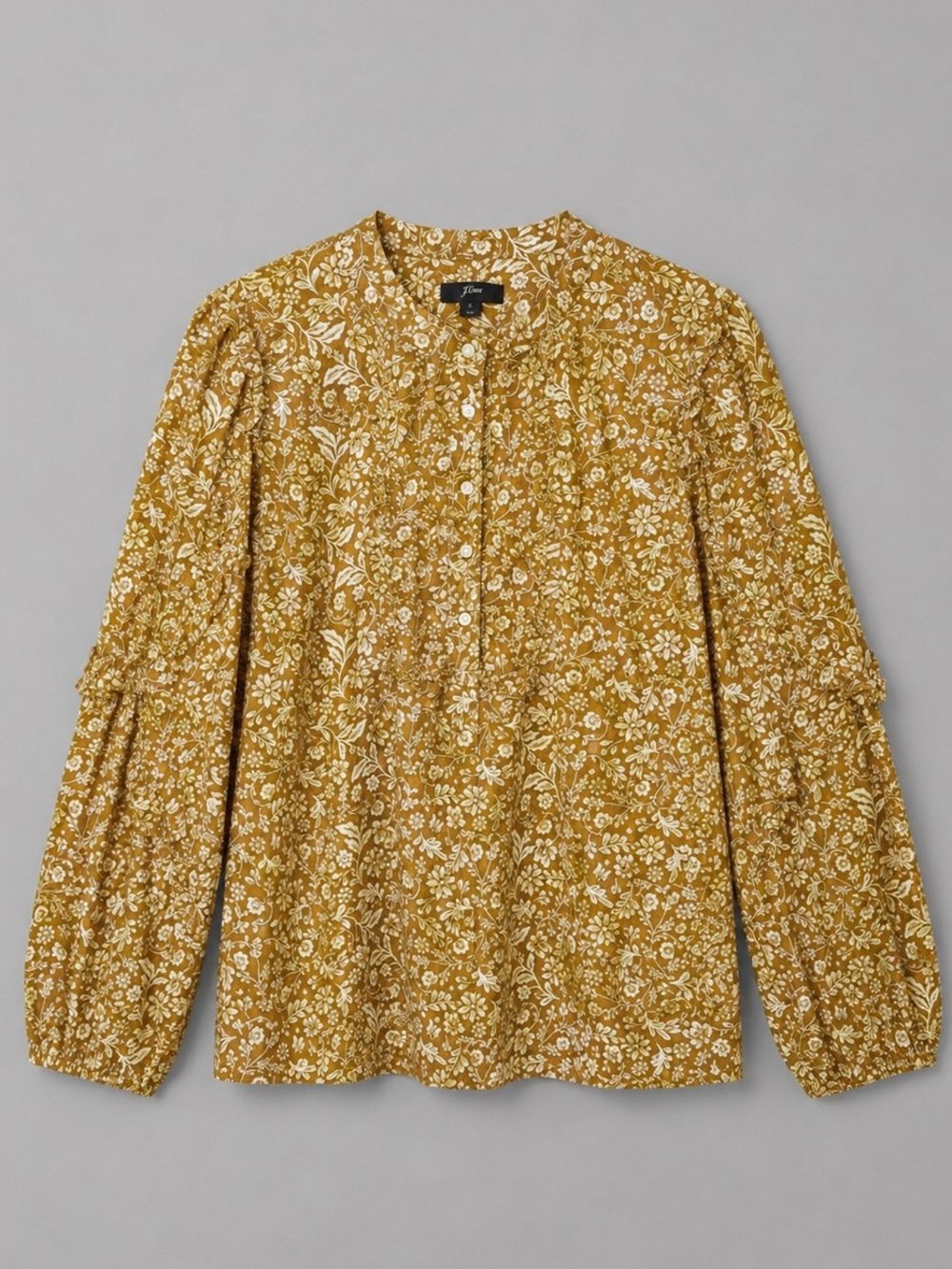 J. Crew Mustard Floral Pintuck Button-Front Blouse